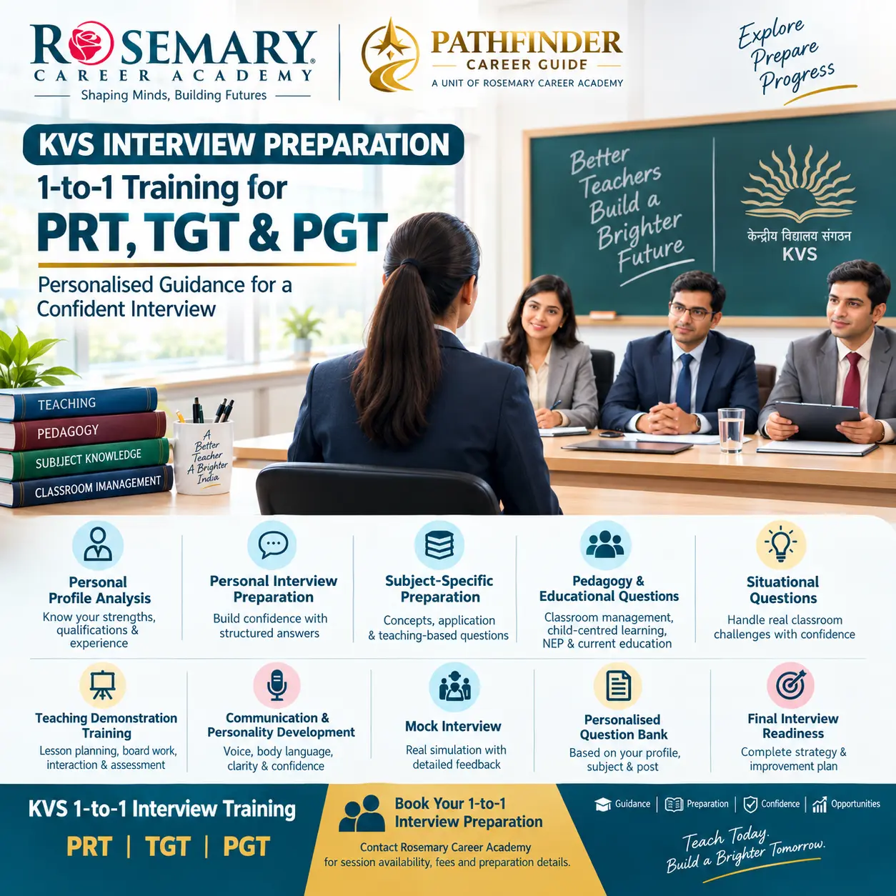 Comprehensive KVS interview preparation for PRT, TGT, and PGT teaching posts. Profile analysis, teaching demo, pedagogy, and 1-to-1 mentoring in Meerut.